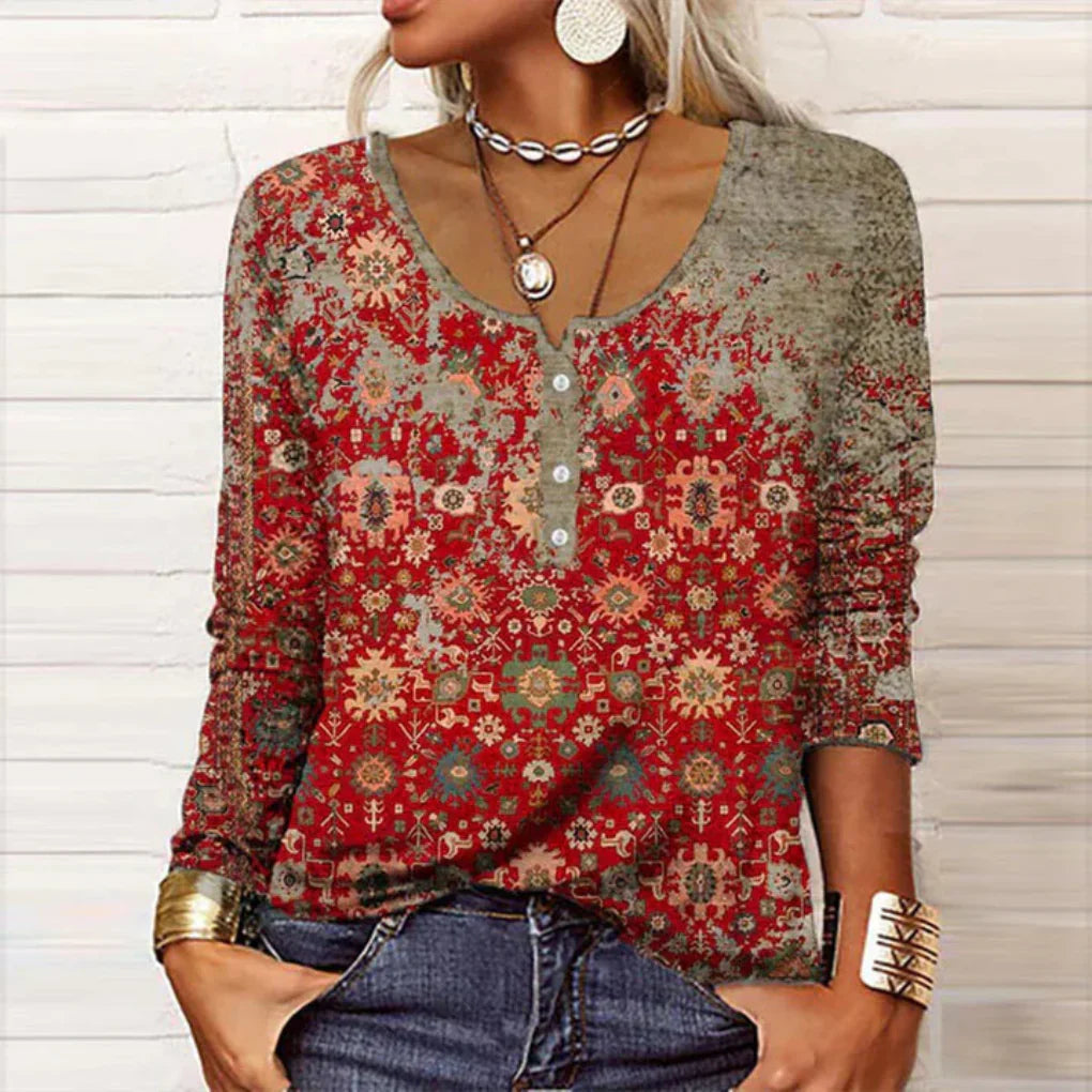 Charly | Women's Henley Top - Vintage Geometric Print