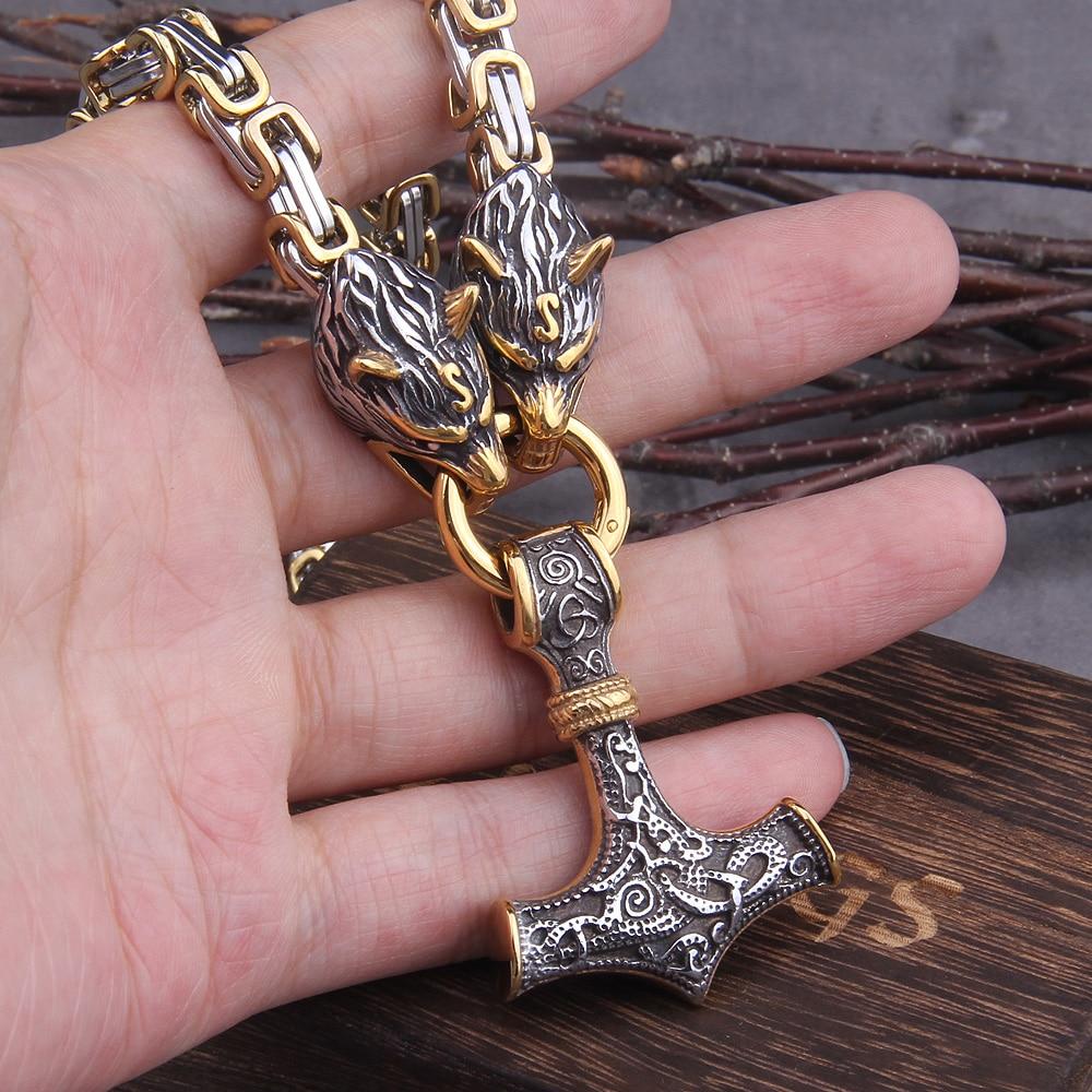 60–90 cm Stainless Steel Double Wolf Head & Mjolnir Survival Spirit Necklace/Bracelet