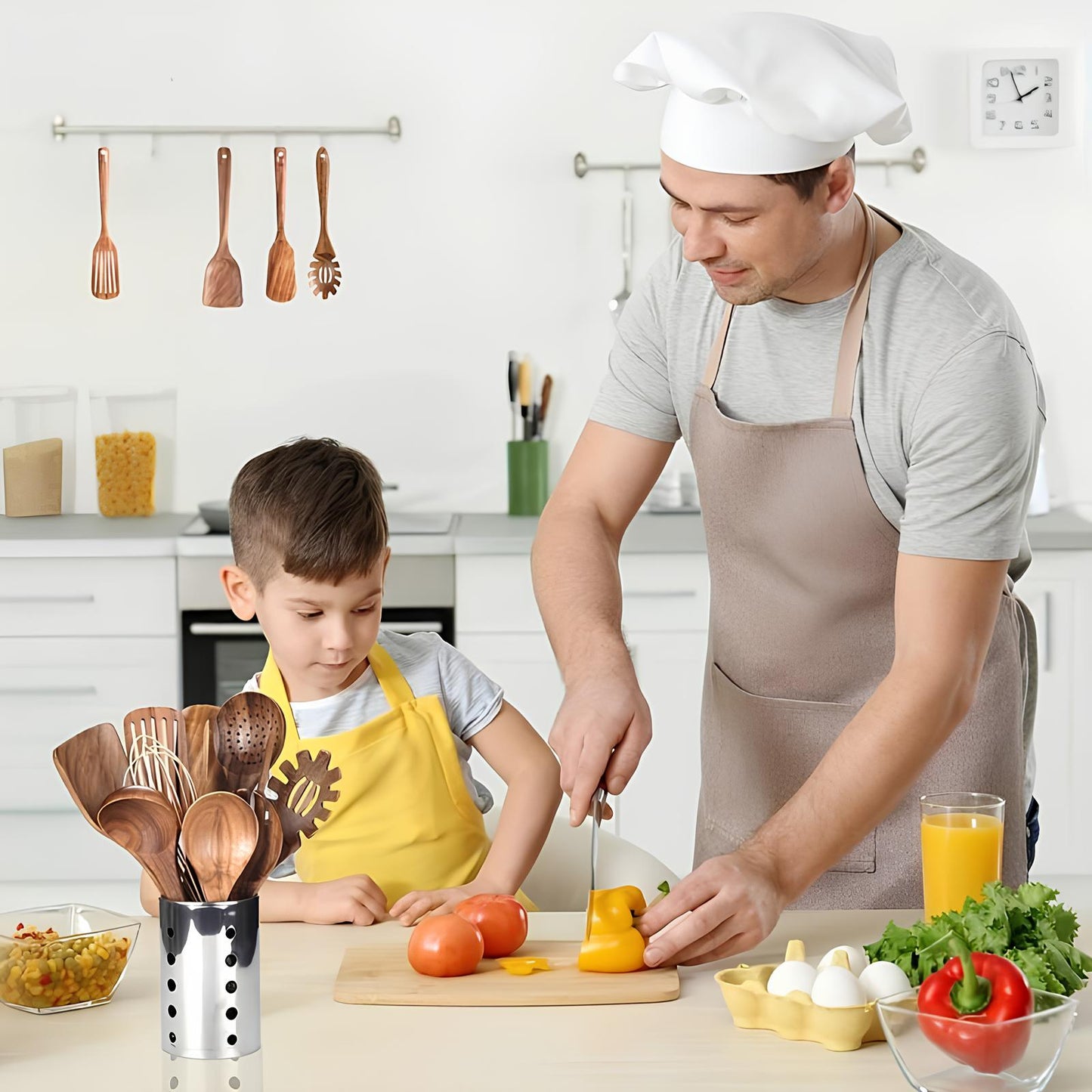 Charly | 11-Piece Teak Kitchen Tool Set | With Holder | Natural Wood