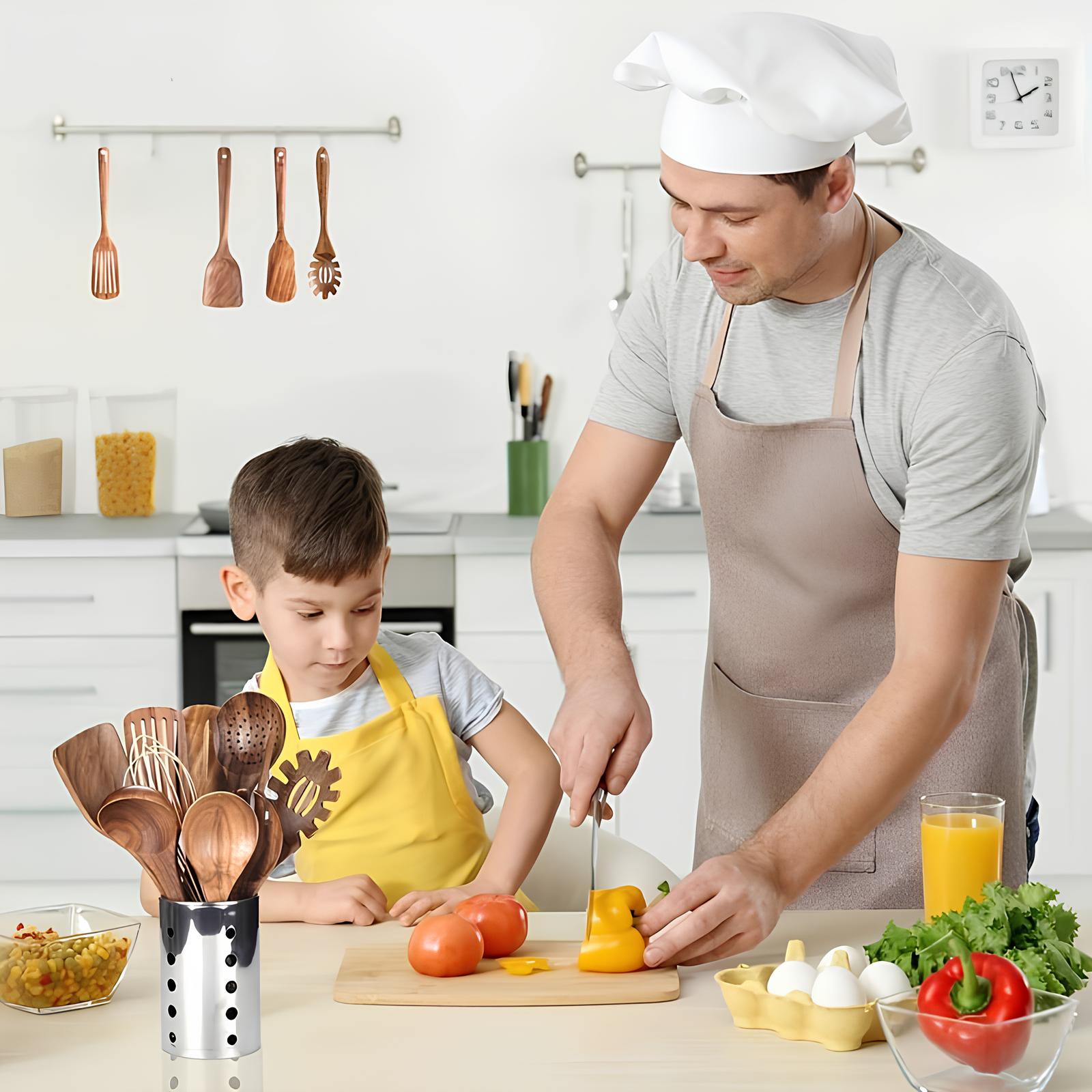 Charly | 11-Piece Teak Kitchen Tool Set | With Holder | Natural Wood
