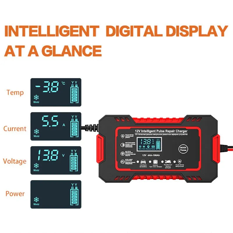 Charly | 12V 6A Smart Car Battery Charger | Pulse Repair, LCD Display & Fast Charging for AGM, Gel & Lead Acid Batteries