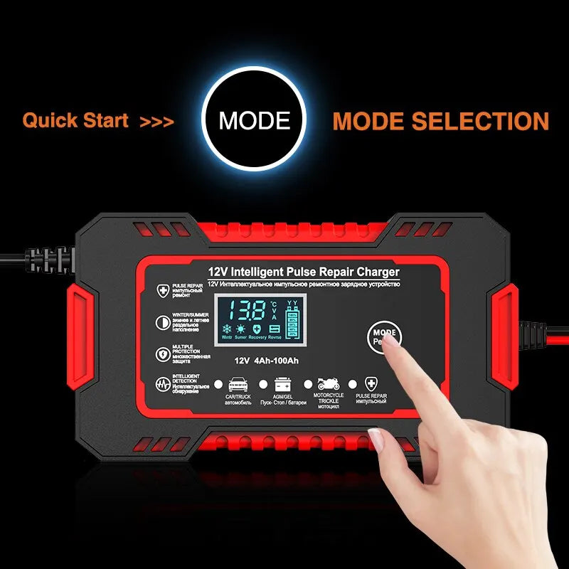 Charly | 12V 6A Smart Car Battery Charger | Pulse Repair, LCD Display & Fast Charging for AGM, Gel & Lead Acid Batteries