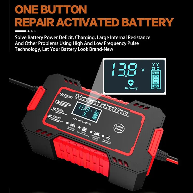 Charly | 12V 6A Smart Car Battery Charger | Pulse Repair, LCD Display & Fast Charging for AGM, Gel & Lead Acid Batteries