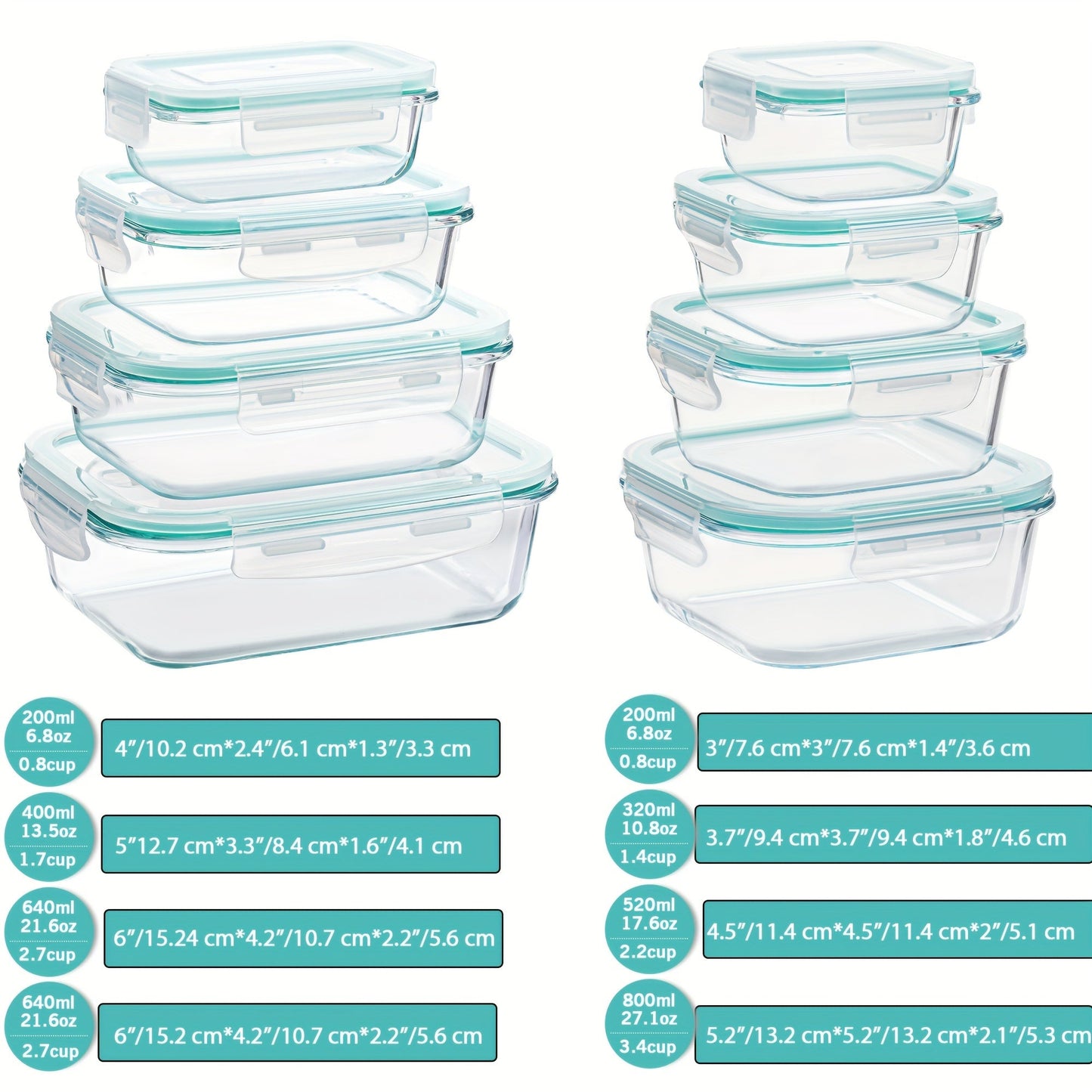 Charly | 8-Pack Glass Food Storage Containers – Airtight Meal Prep Bento Boxes with Leakproof, Lockable Lids, Microwave, Oven, Freezer, and Dishwasher Safe, BPA-Free