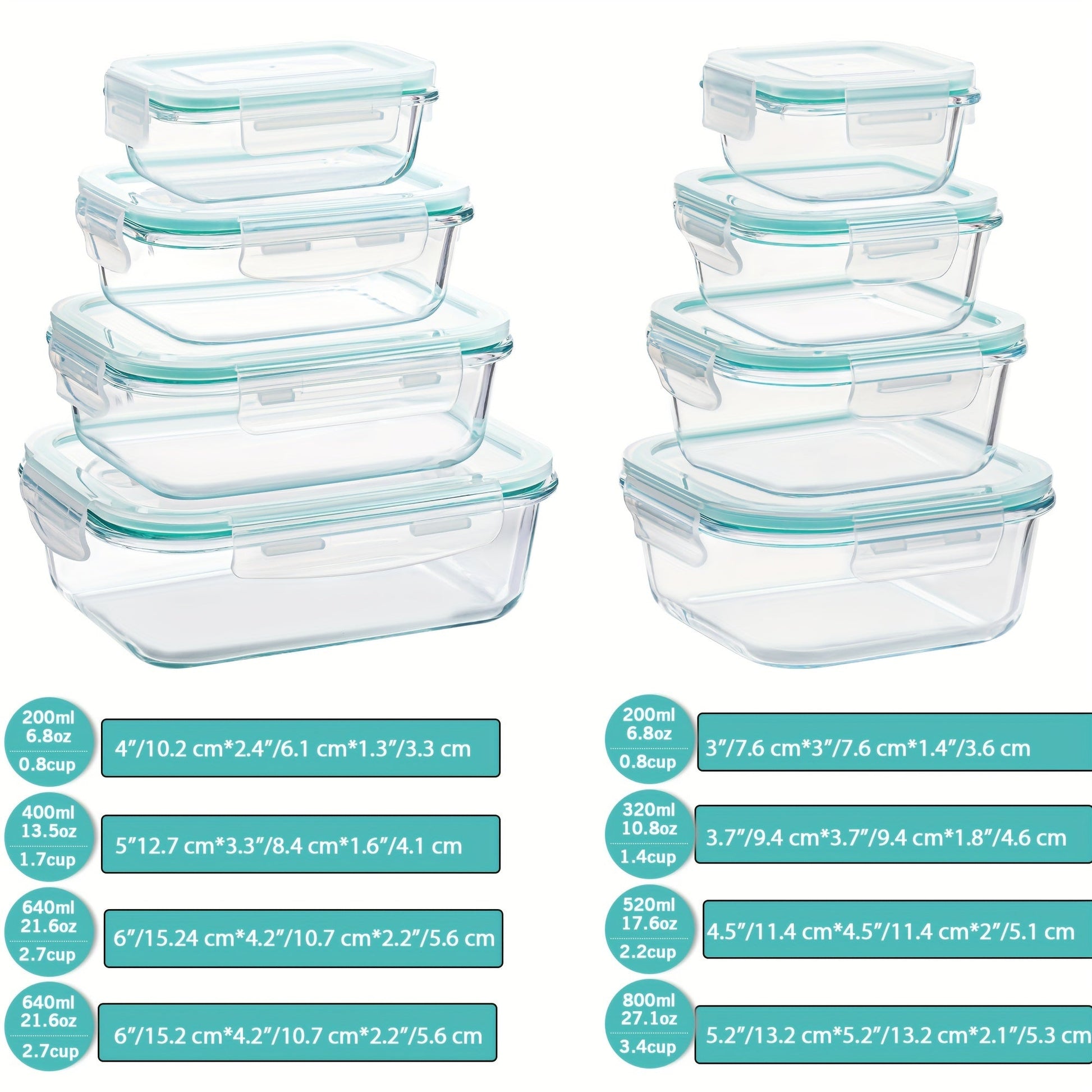 Charly | 8-Pack Glass Food Storage Containers – Airtight Meal Prep Bento Boxes with Leakproof, Lockable Lids, Microwave, Oven, Freezer, and Dishwasher Safe, BPA-Free