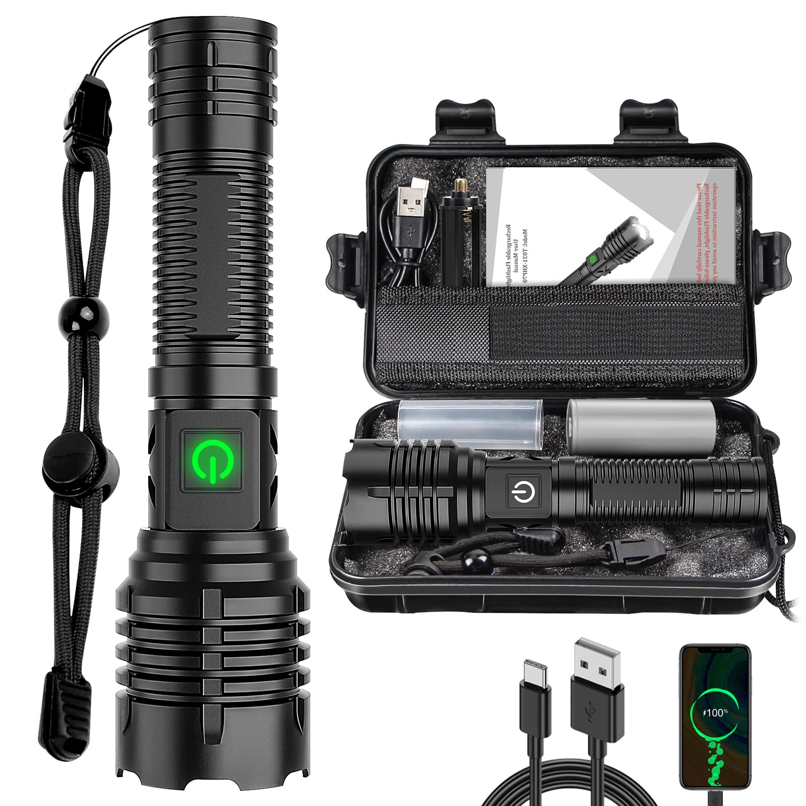 Charly | Banral 100000 lumen rechargeable flashlight, IPX6 waterproof, 5 modes, zoomable, aluminum