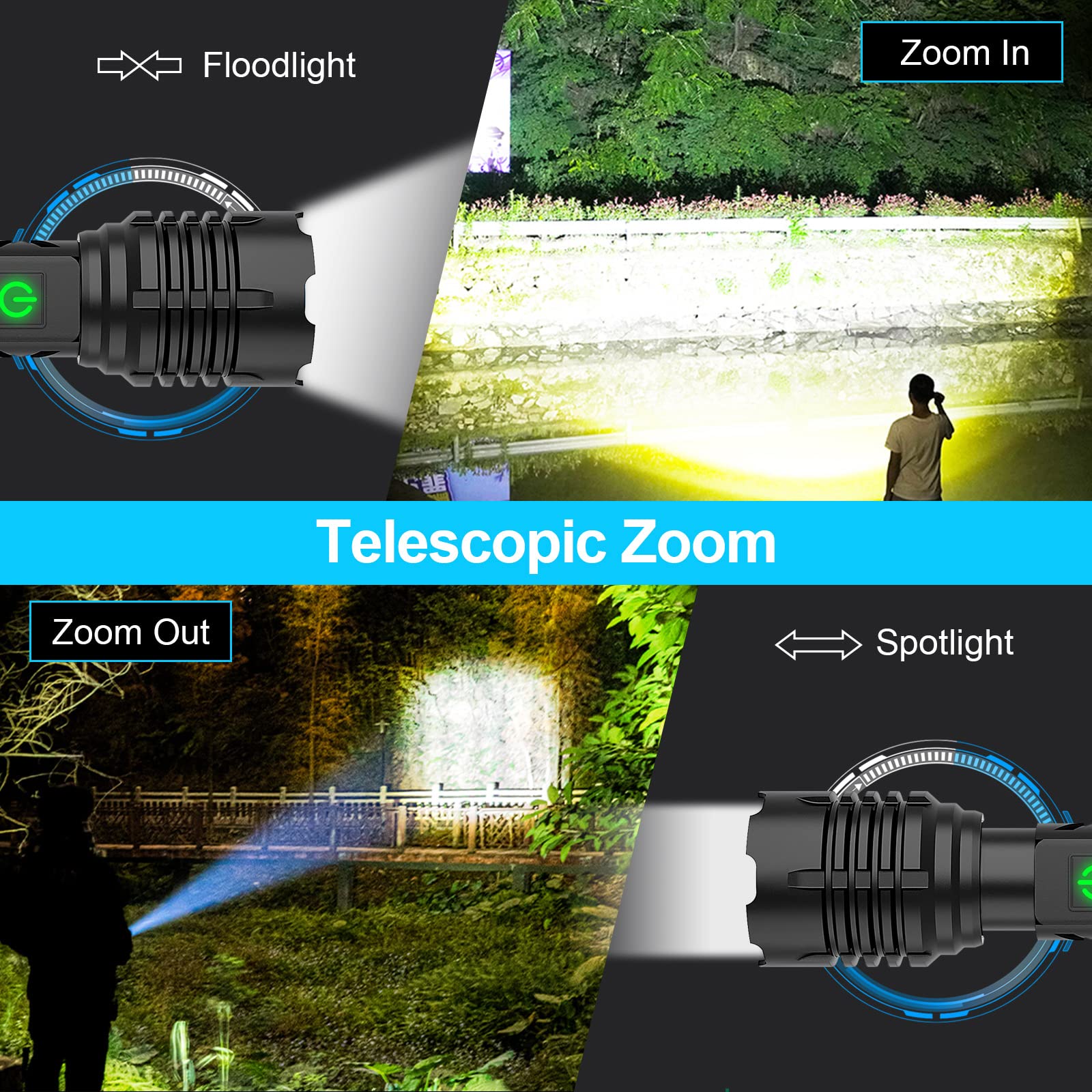 Charly | Banral 100000 lumen rechargeable flashlight, IPX6 waterproof, 5 modes, zoomable, aluminum