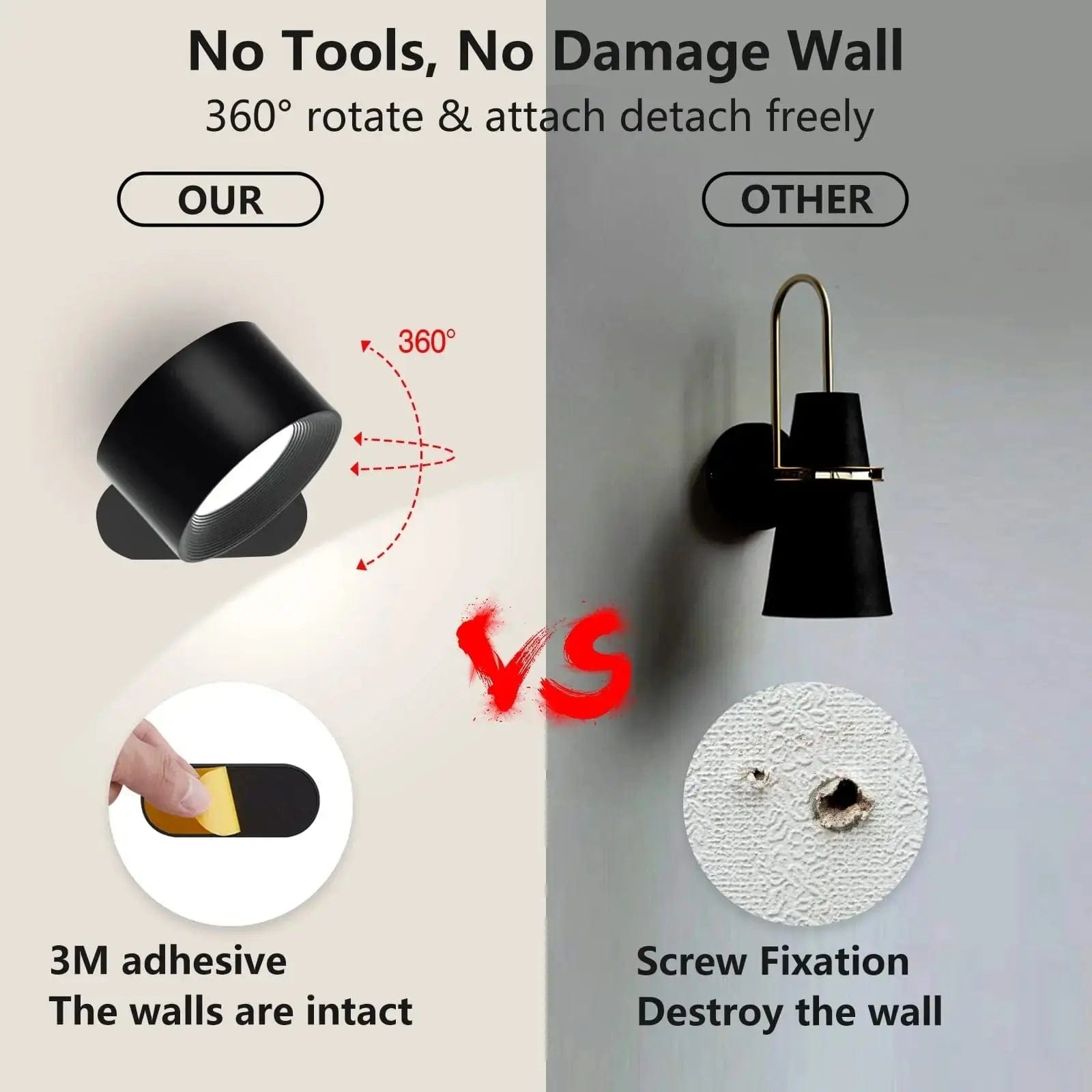 Charly | Battery Powered Wall Lamp | Rechargeable, 360° Adjustable and Wireless for Bedrooms, Hallways, and Reading Corners