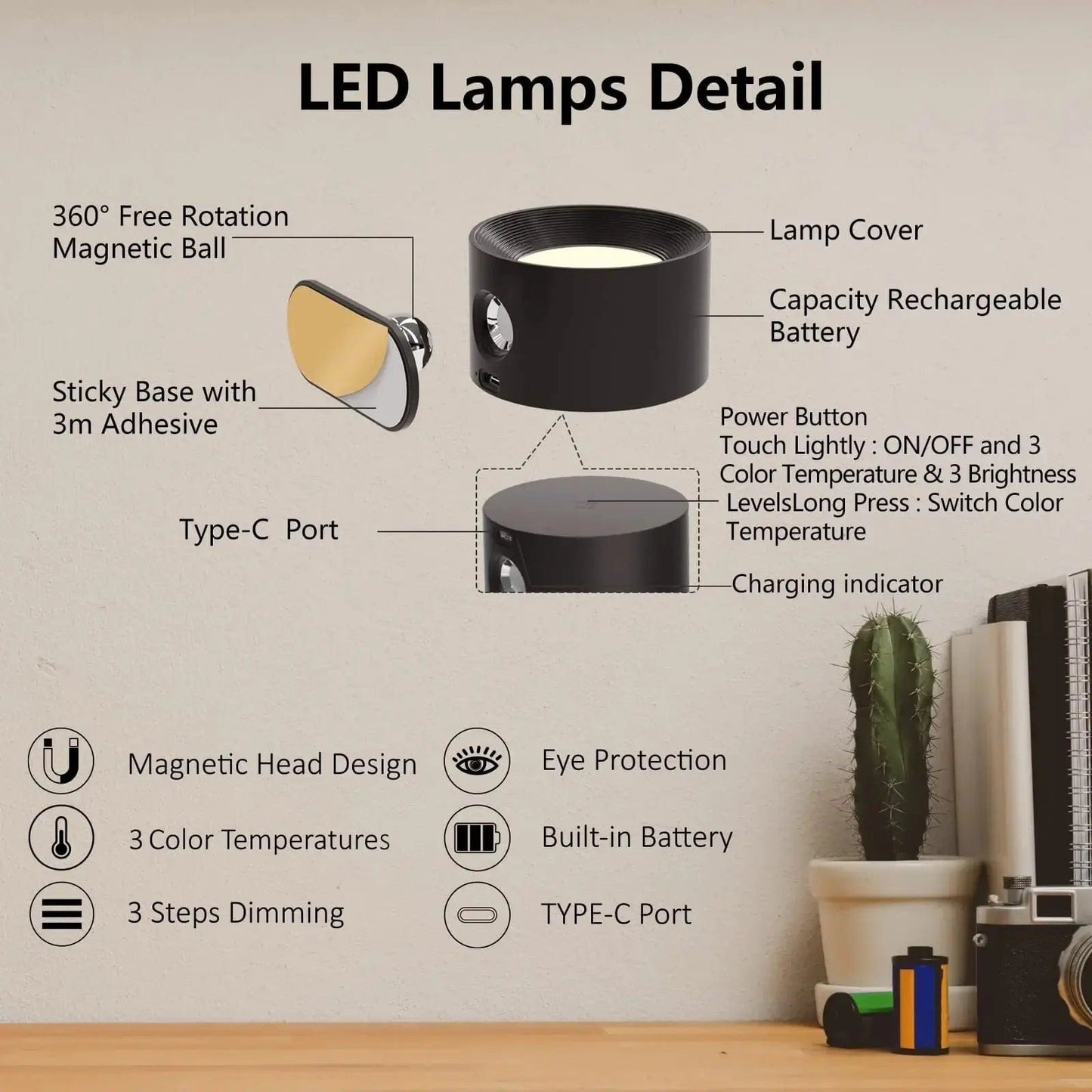 Charly | Battery Powered Wall Lamp | Rechargeable, 360° Adjustable and Wireless for Bedrooms, Hallways, and Reading Corners