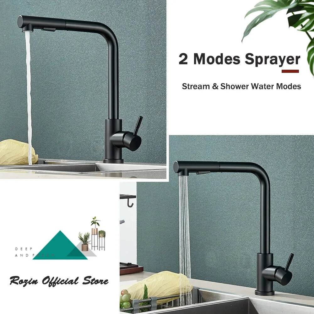 Charly | Black Pull-Out Kitchen Faucet - Flexible 2-Mode Stream and Spray Head, Stainless Steel Hot-Cold Water Mixing Tap