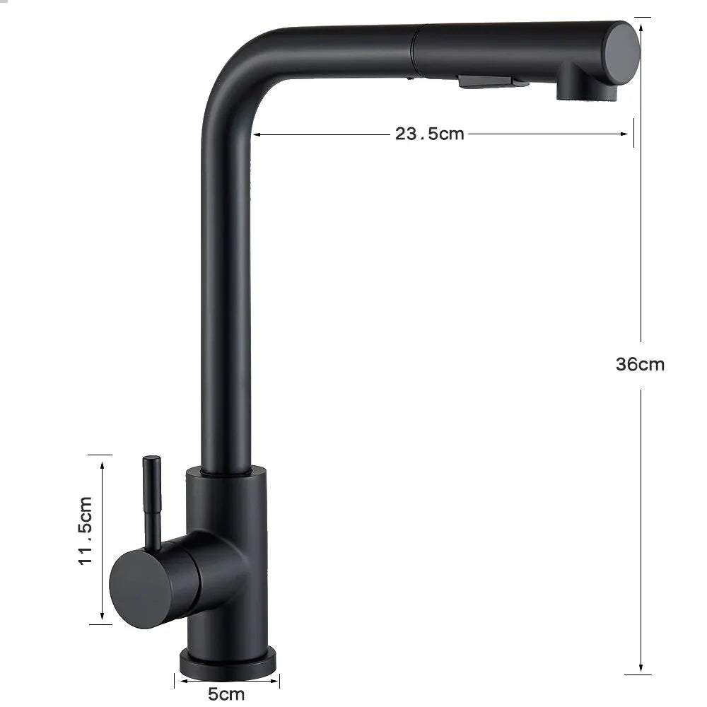 Charly | Black Pull-Out Kitchen Faucet - Flexible 2-Mode Stream and Spray Head, Stainless Steel Hot-Cold Water Mixing Tap