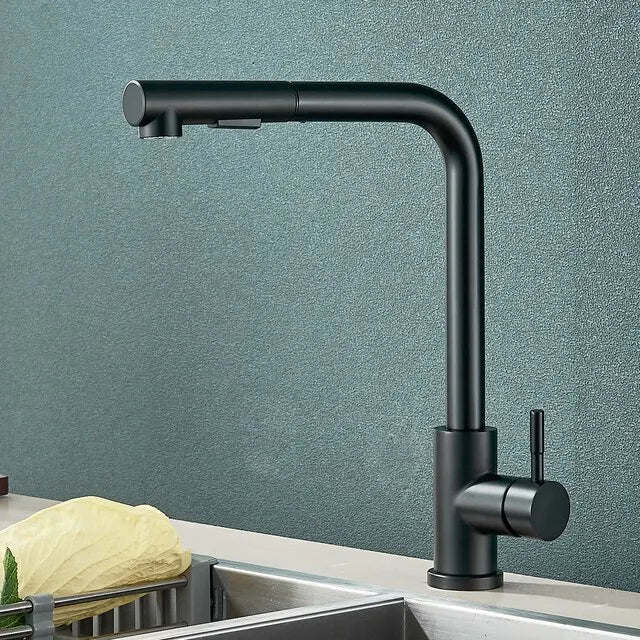 Charly | Black Pull-Out Kitchen Faucet - Flexible 2-Mode Stream and Spray Head, Stainless Steel Hot-Cold Water Mixing Tap