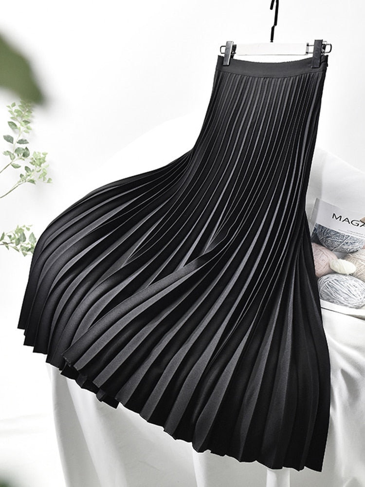 Charly Brand Designer Women's Elegant Chic Solid Pleated Skirt High Waist Luxury Fashion