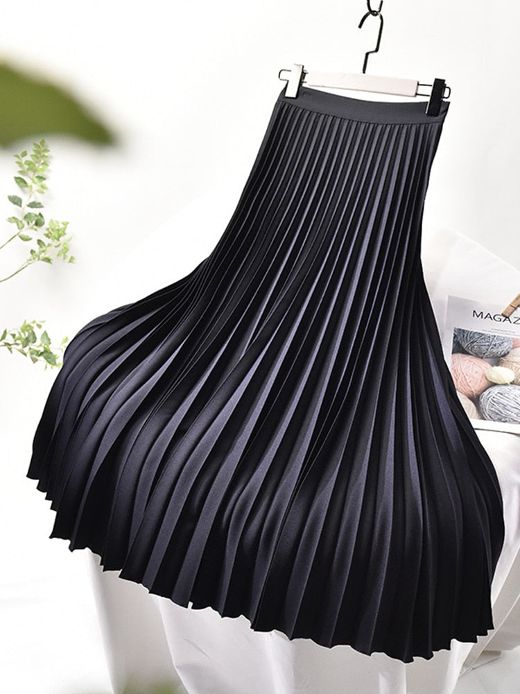 Charly Brand Designer Women's Elegant Chic Solid Pleated Skirt High Waist Luxury Fashion