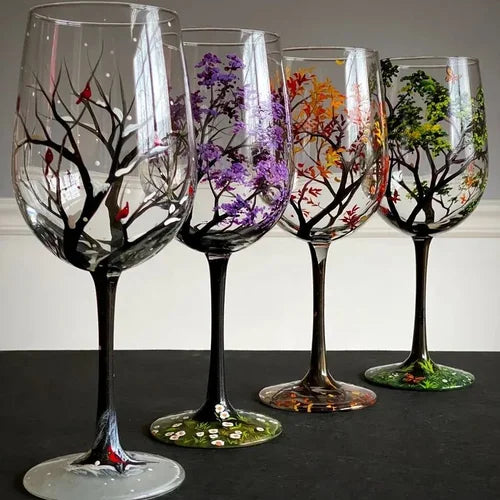 Charly | Hand Painted Four Seasons Tree Wine Glasses | Unique Art