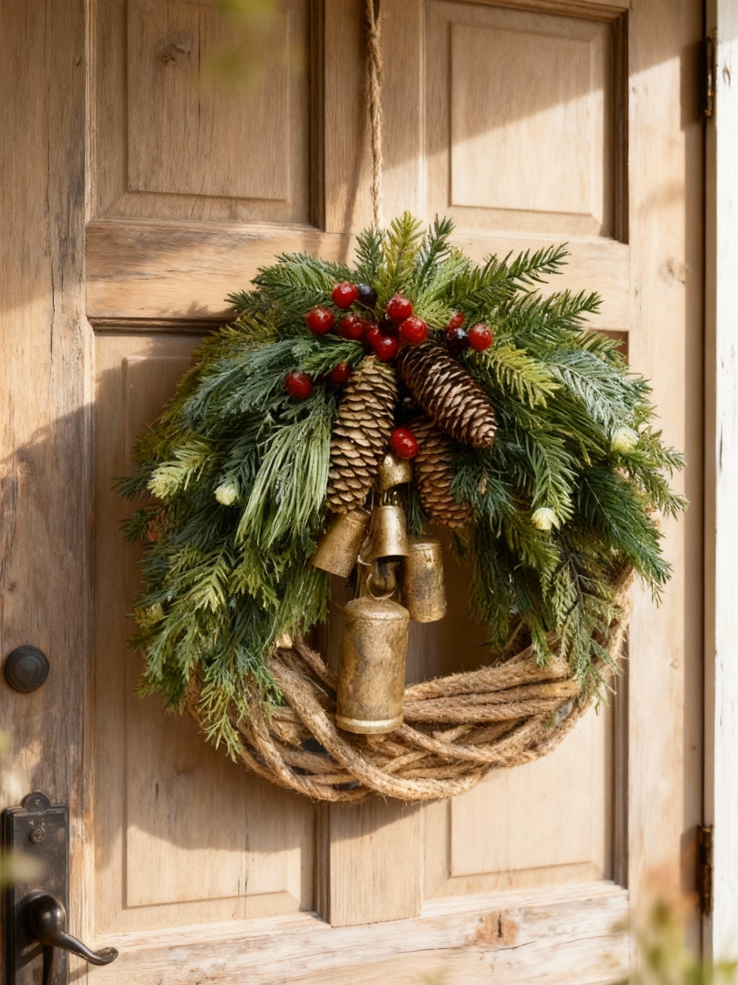 Charly | Handmade Bohemian Winter Wreath | Bells, Pinecones & Berries | 43 cm | Indoor/Outdoor