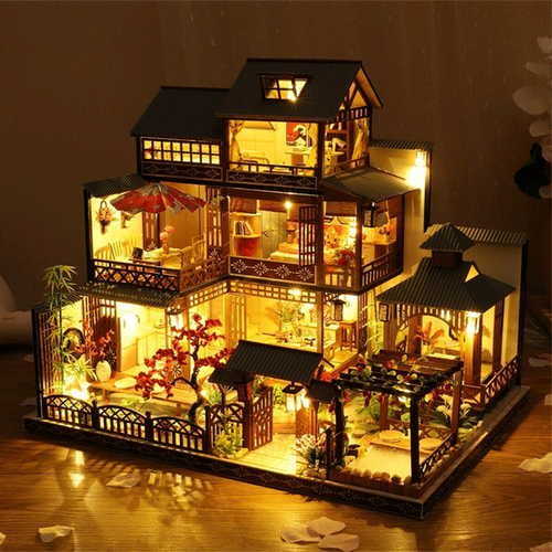 Charly | Large Realistic Wooden Dollhouse with LED Lights | DIY Miniature Playhouse