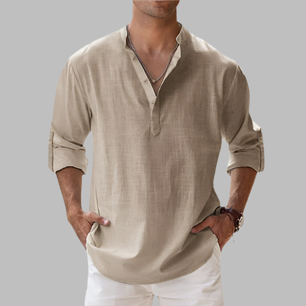 Charly | Men's Linen Blend V-Neck Shirt with Band Collar