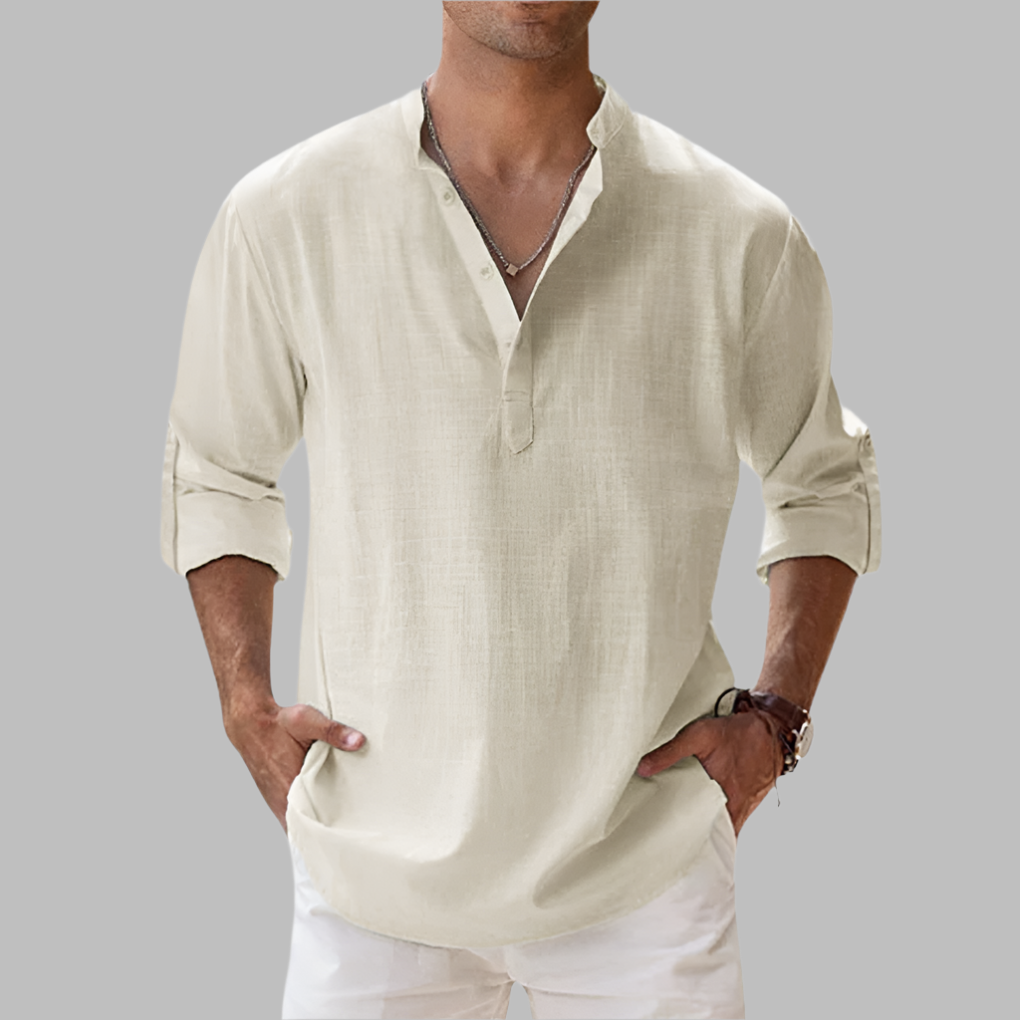 Charly | Men's Linen Blend V-Neck Shirt with Band Collar