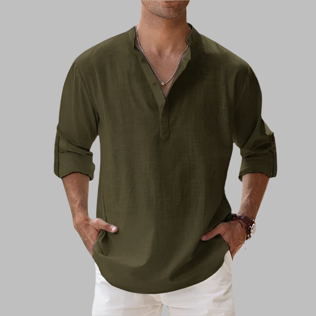 Charly | Men's Linen Blend V-Neck Shirt with Band Collar