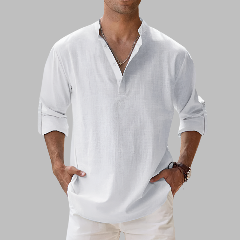 Charly | Men's Linen Blend V-Neck Shirt with Band Collar