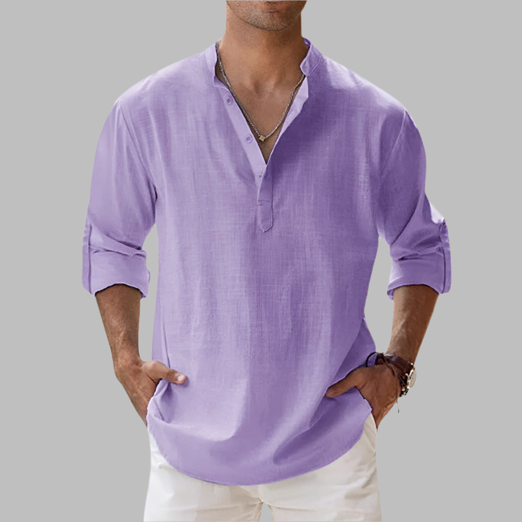 Charly | Men's Linen Blend V-Neck Shirt with Band Collar