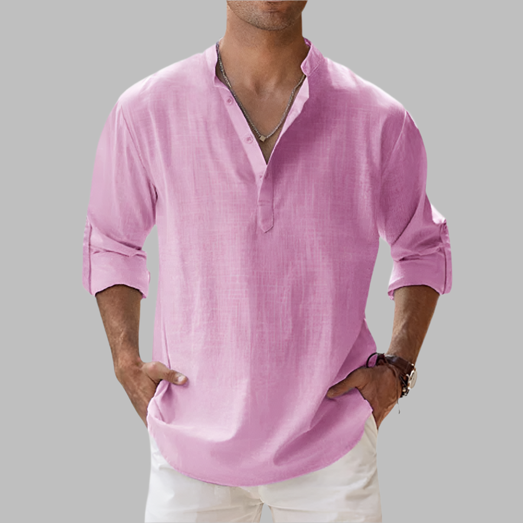 Charly | Men's Linen Blend V-Neck Shirt with Band Collar