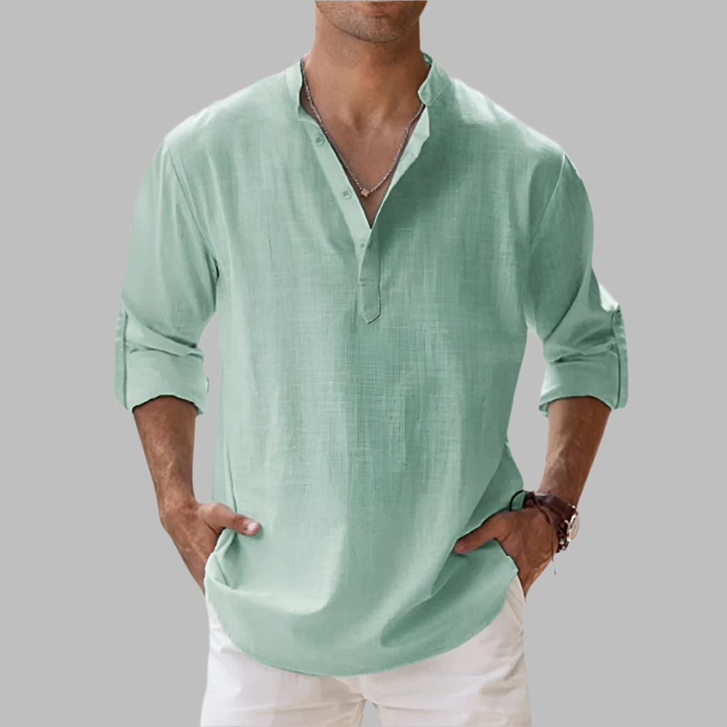 Charly | Men's Linen Blend V-Neck Shirt with Band Collar