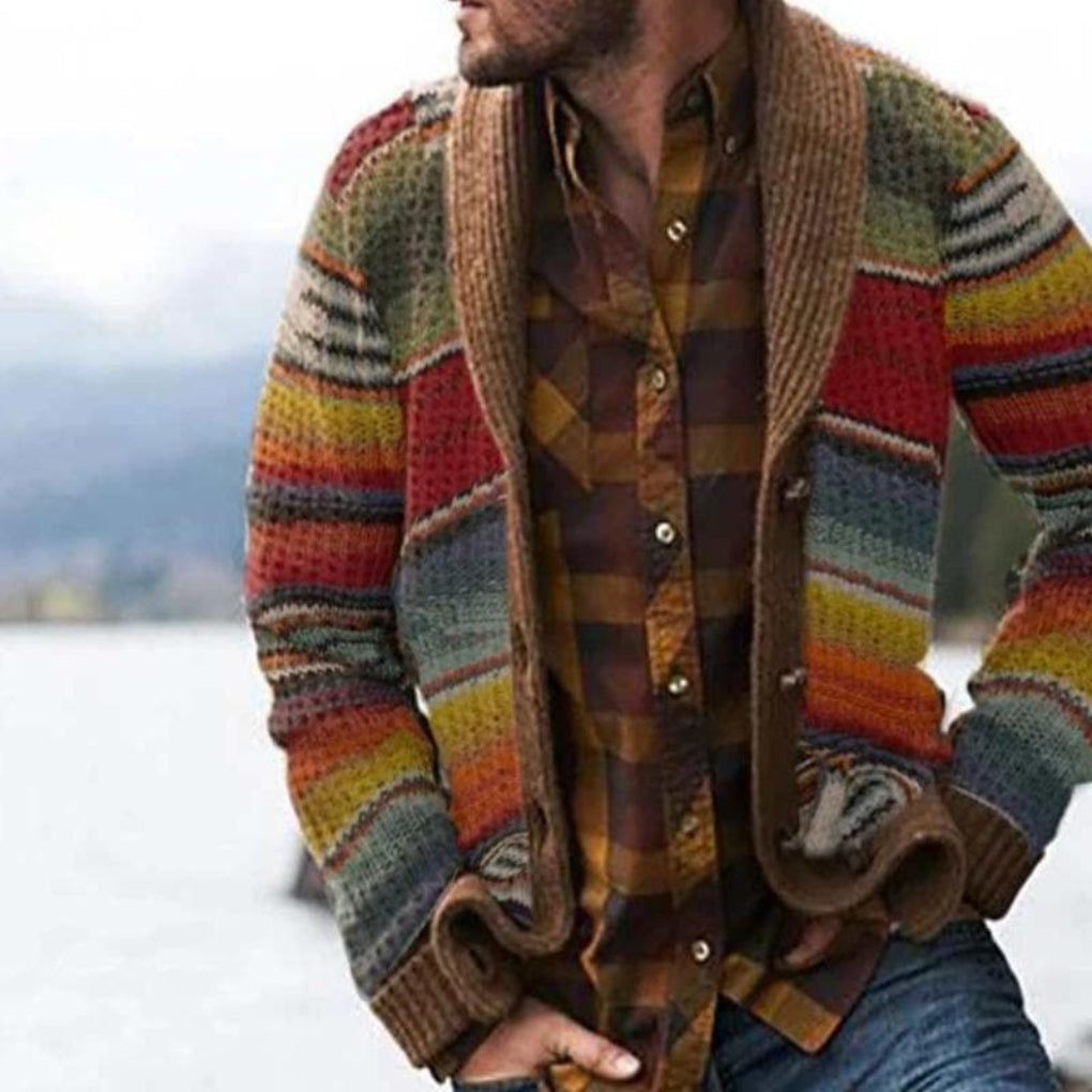 Charly | Men's Shawl Collar Cardigan - Multicolor Striped Knit