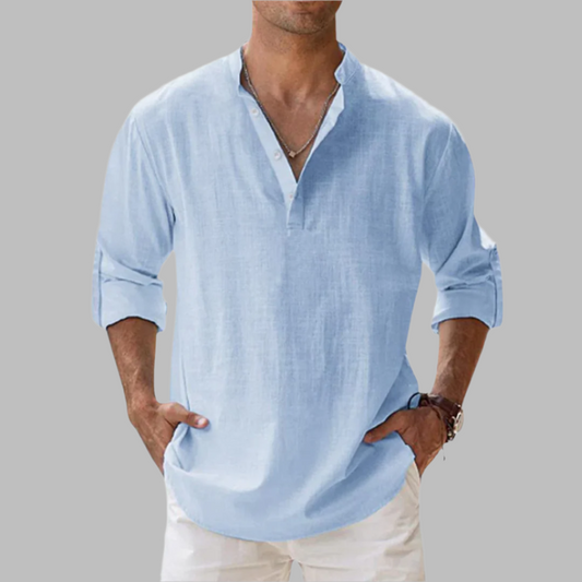 Charly | Men's V-Neck Linen Shirt with Rolled Sleeves