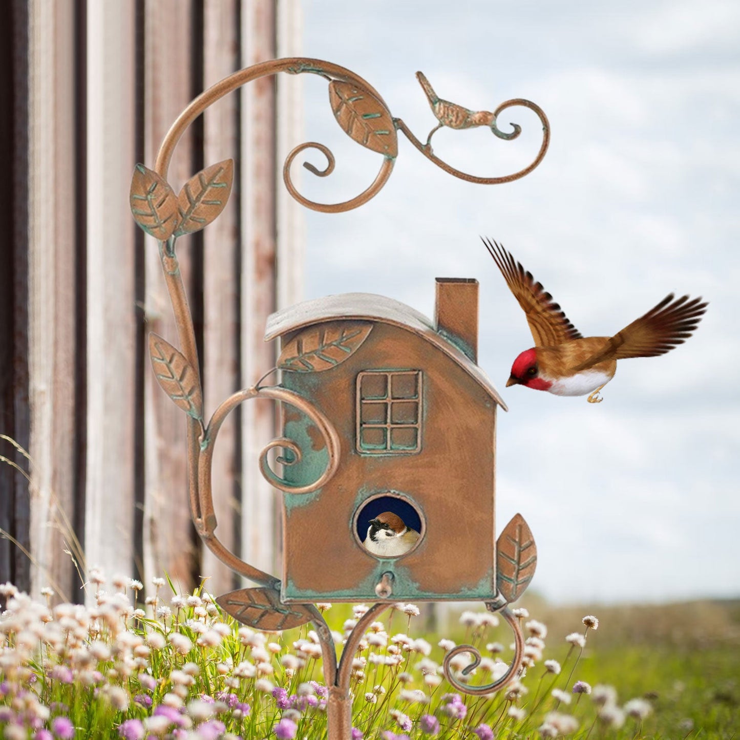 Charly | Metal Art Birdhouse on Garden Stake - FeatherNest