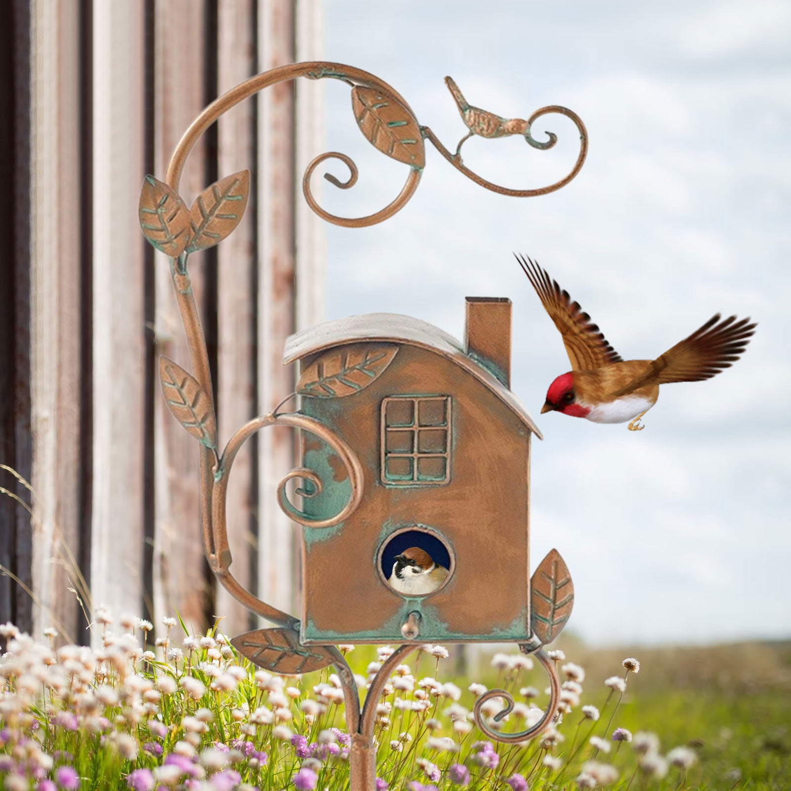 Charly | Metal Art Birdhouse on Garden Stake - FeatherNest