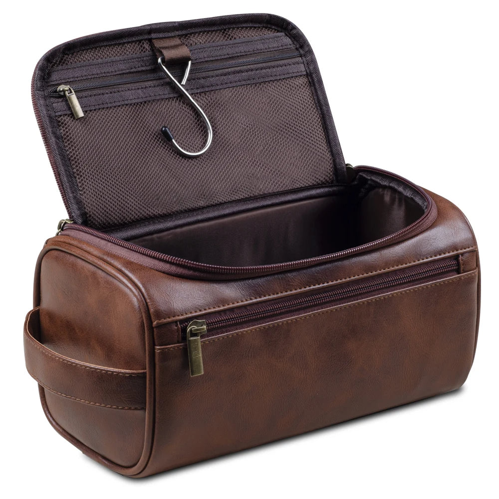 Charly | Premium Leather Toiletry Bag | Three-Layer Water-Repellent Design | Integrated Metal Hook for Hanging | 25x13x13 cm | Compact Travel Organizer with Quick Access Pocket