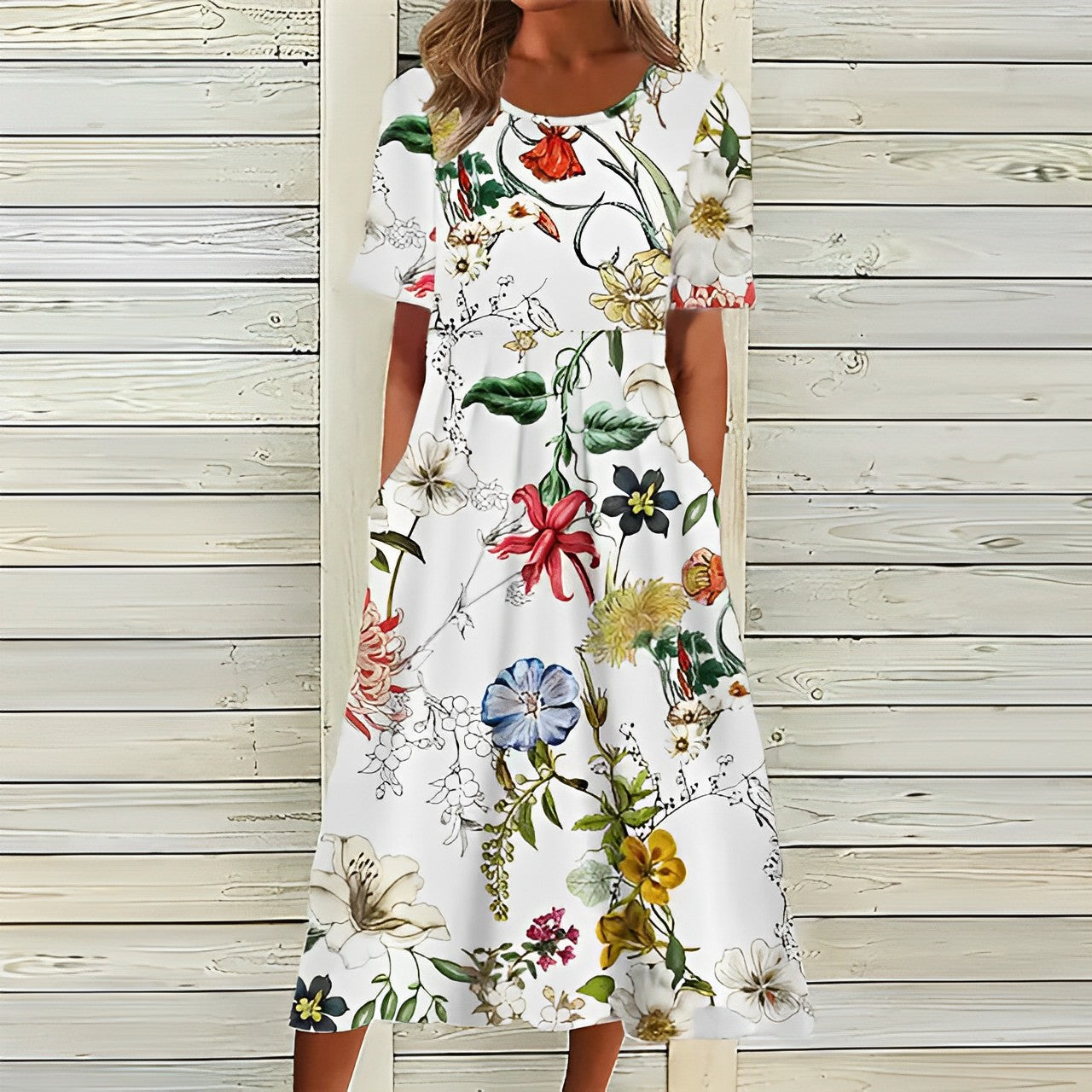 Charly - Stylish White Dress with Floral Pattern