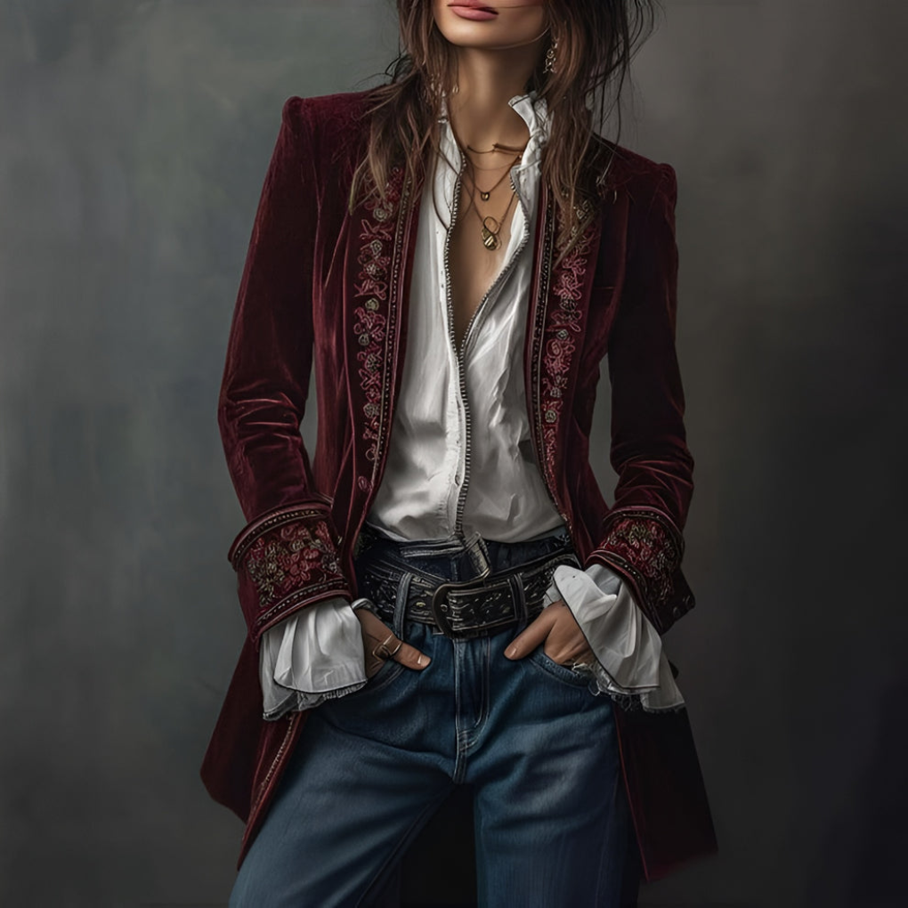 Charly | Women's Embroidered Velvet Longline Blazer