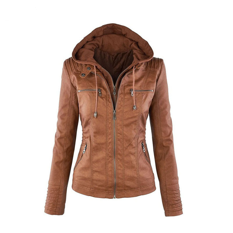 Charly | Women's Faux Leather Jacket with Detachable Hood