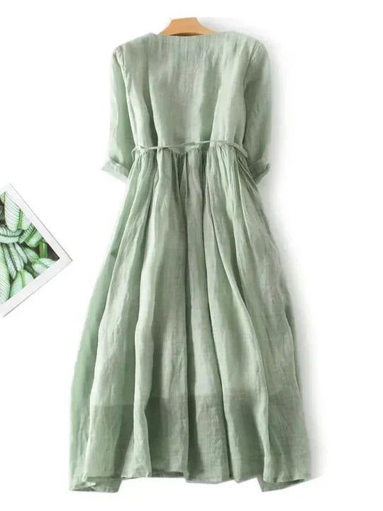 Charly | Women's Ruffled Button Midi Dress with Tie Waist