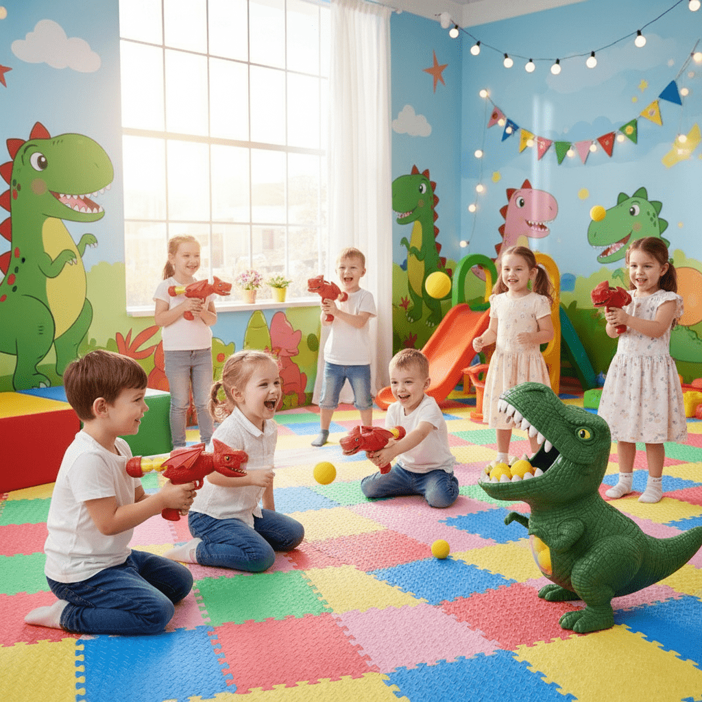 DINOPOP BLASTER – Dinosaur shooting game for children with soft foam balls & target board
