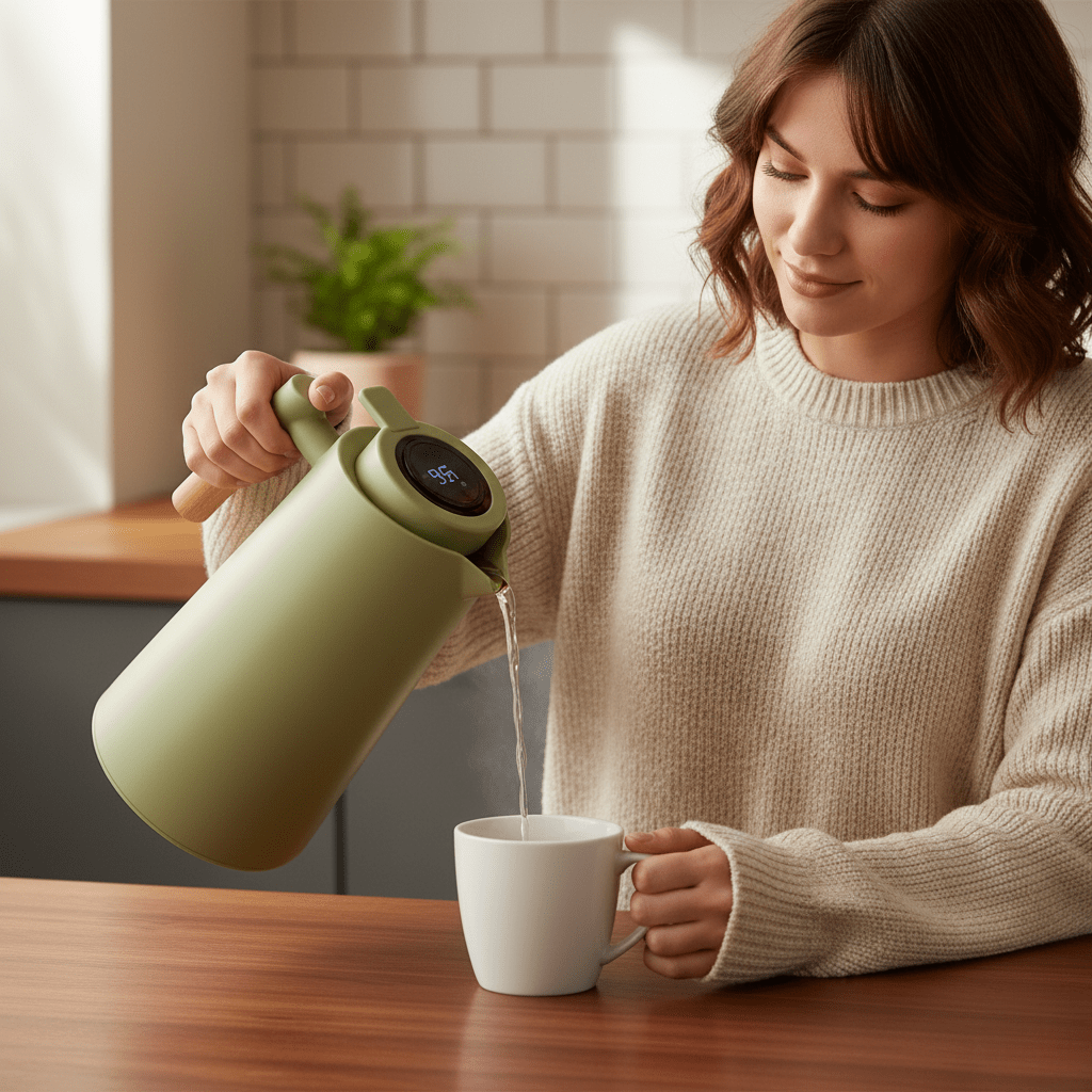 LATTEA THERMO – Double-walled Thermos Flask with Temperature Display and Wooden Handle