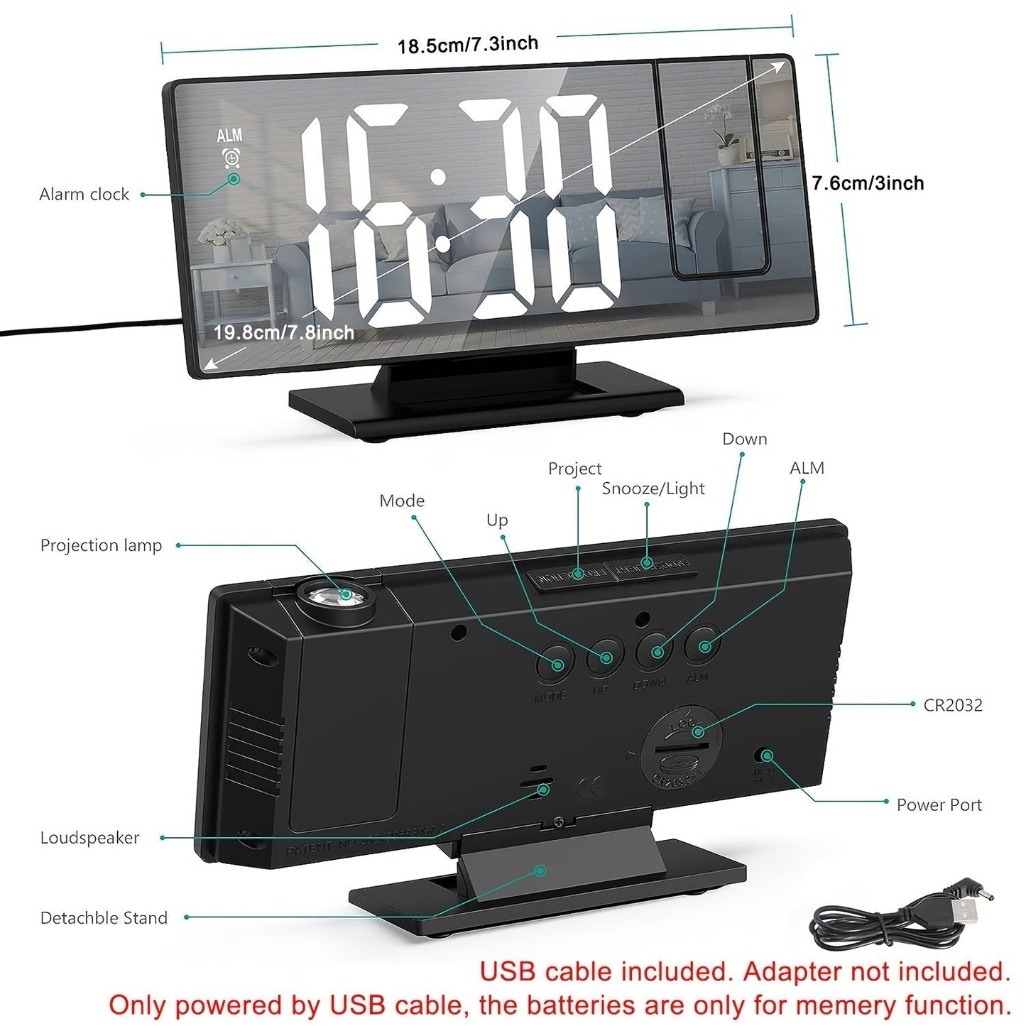 LED Projection Alarm Clock with 180° Adjustable Projection – Clear Display and Snooze Function for Bedroom or Office