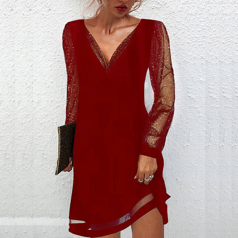 Matilde - Elegant Mid-Length Dress with V-Neck and Lace Details
