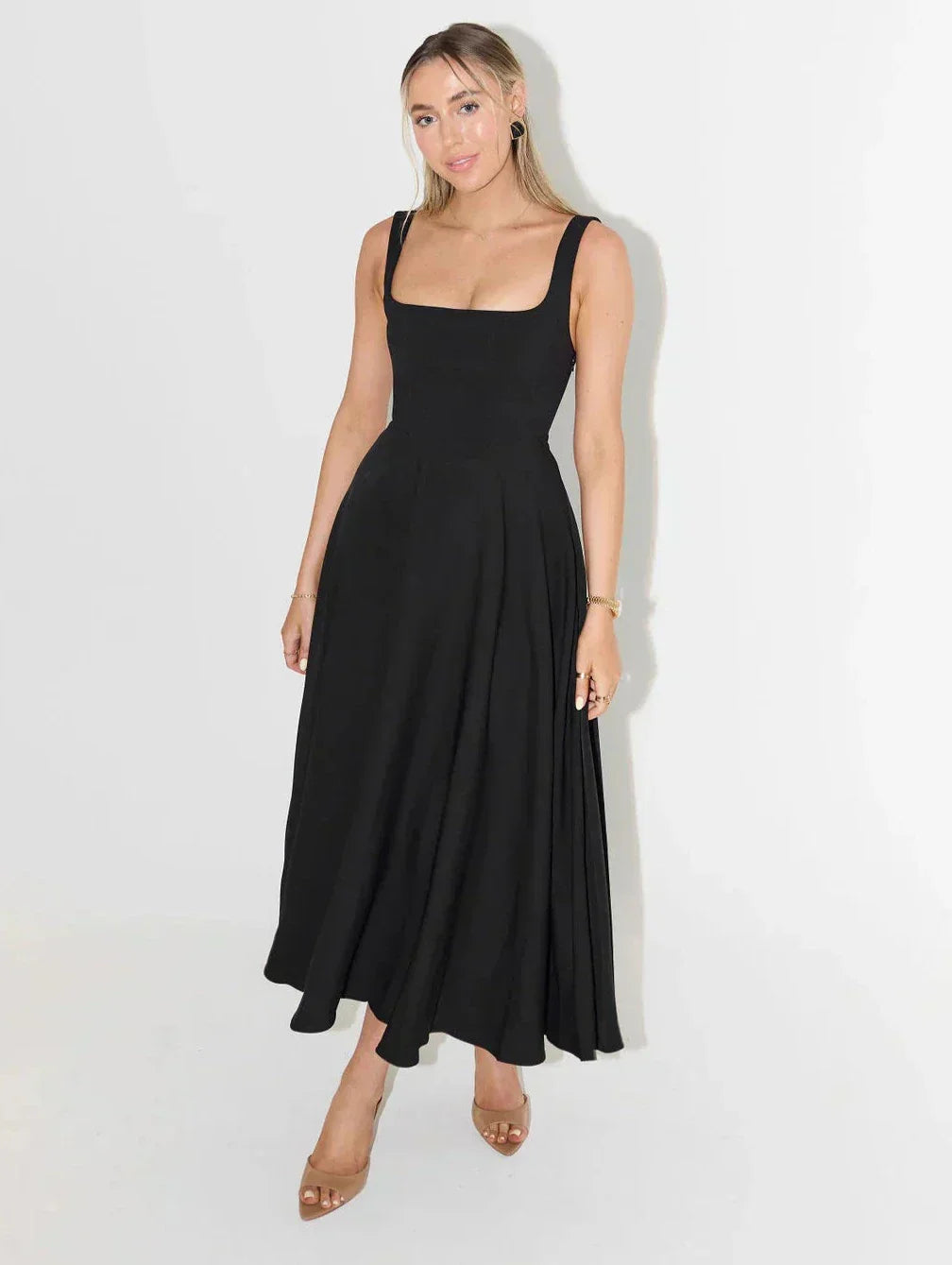 Midi Dress with High Waist and Square Neckline