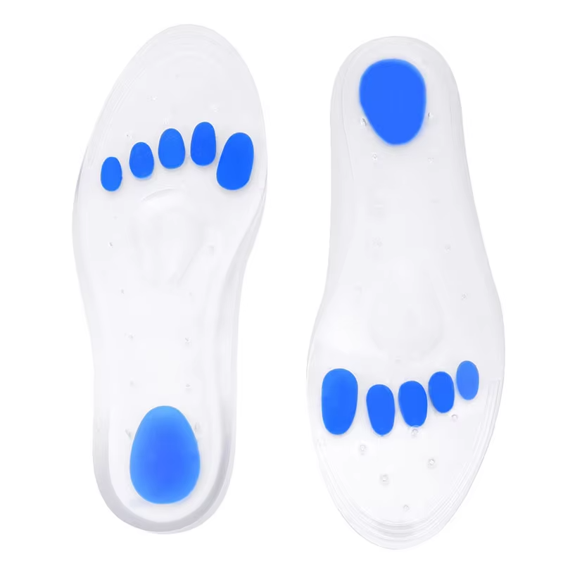 Shock-absorbing silicone gel insoles for sore feet