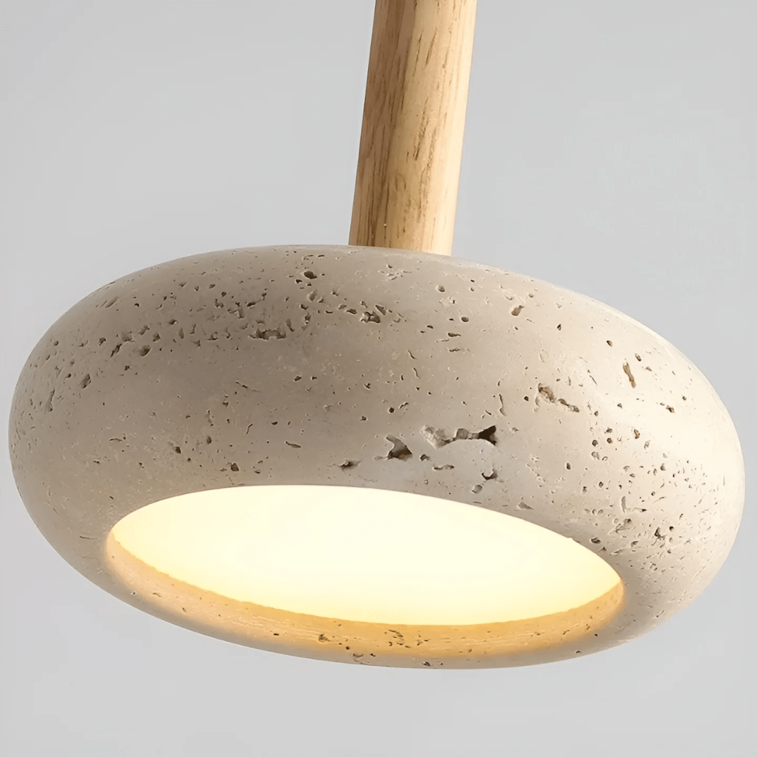 TRANQUILHALO – Retro LED ceiling light made of wood and stone for a calm atmosphere