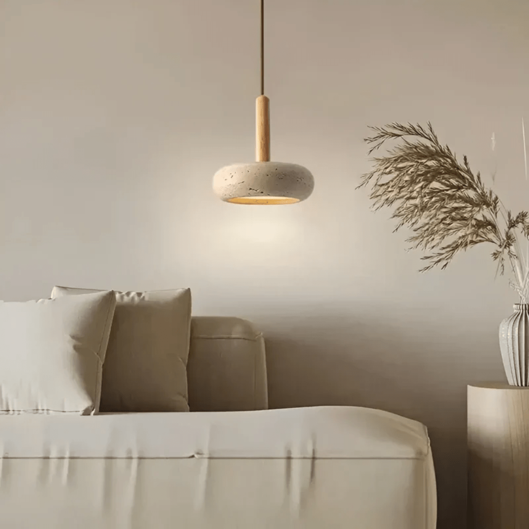 TRANQUILHALO – Retro LED ceiling light made of wood and stone for a calm atmosphere