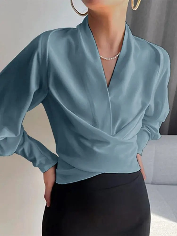 Vesper - V-neck wrap top with long puffed sleeves and cuffs