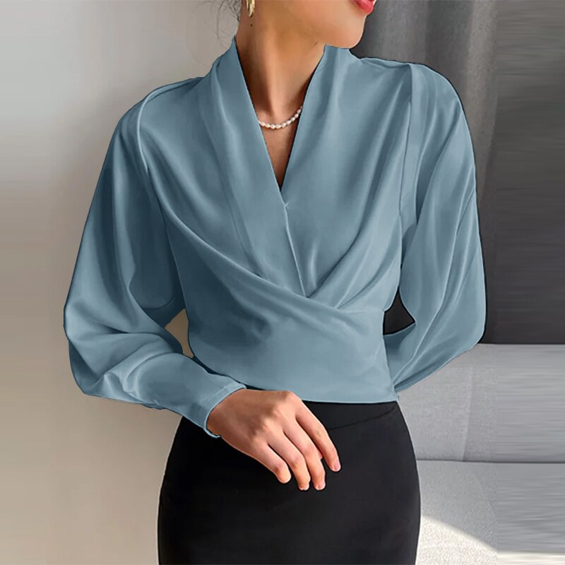 Vesper - V-neck wrap top with long puffed sleeves and cuffs