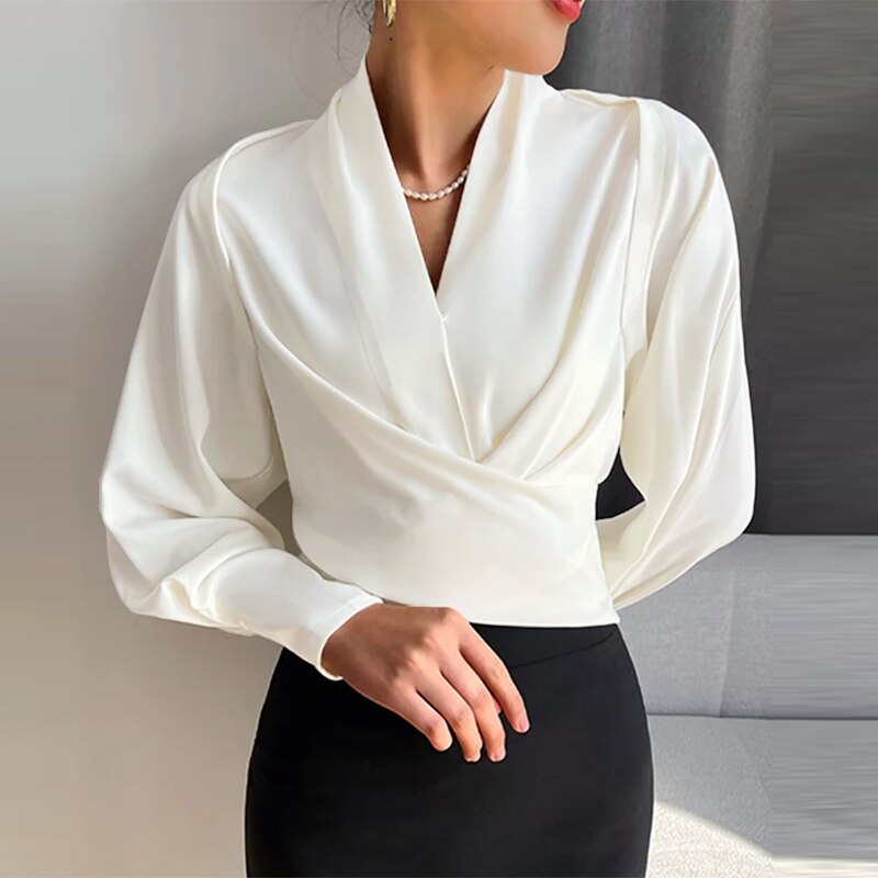 Vesper - V-neck wrap top with long puffed sleeves and cuffs