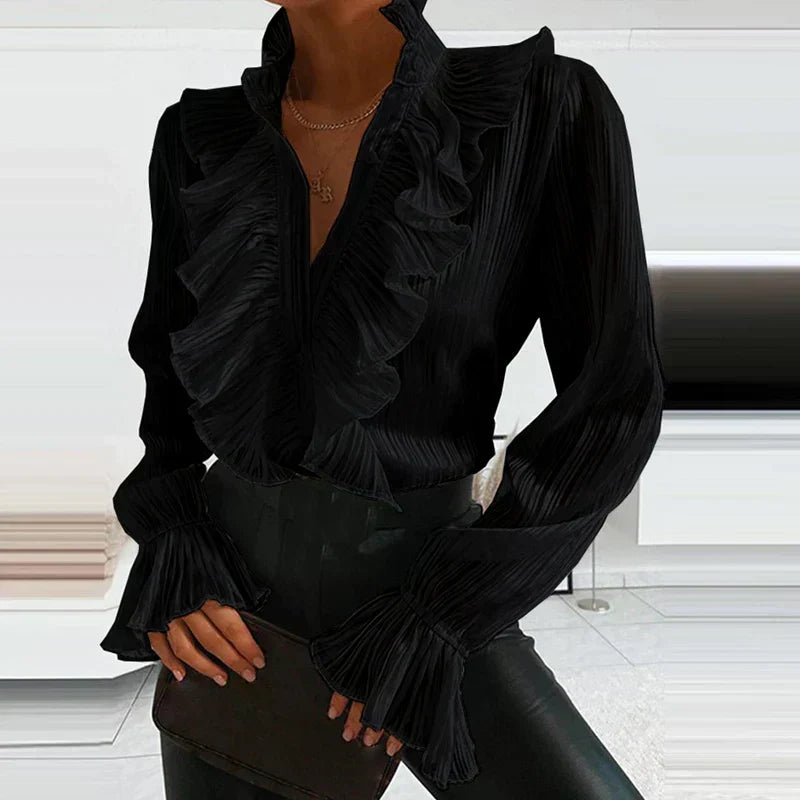 Women's Long Sleeve Blouse with Deep V-Neck and Button Closure