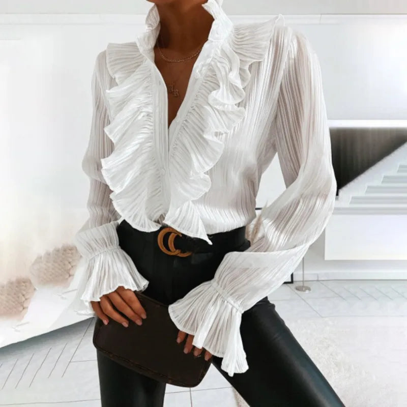 Women's Long Sleeve Blouse with Deep V-Neck and Button Closure